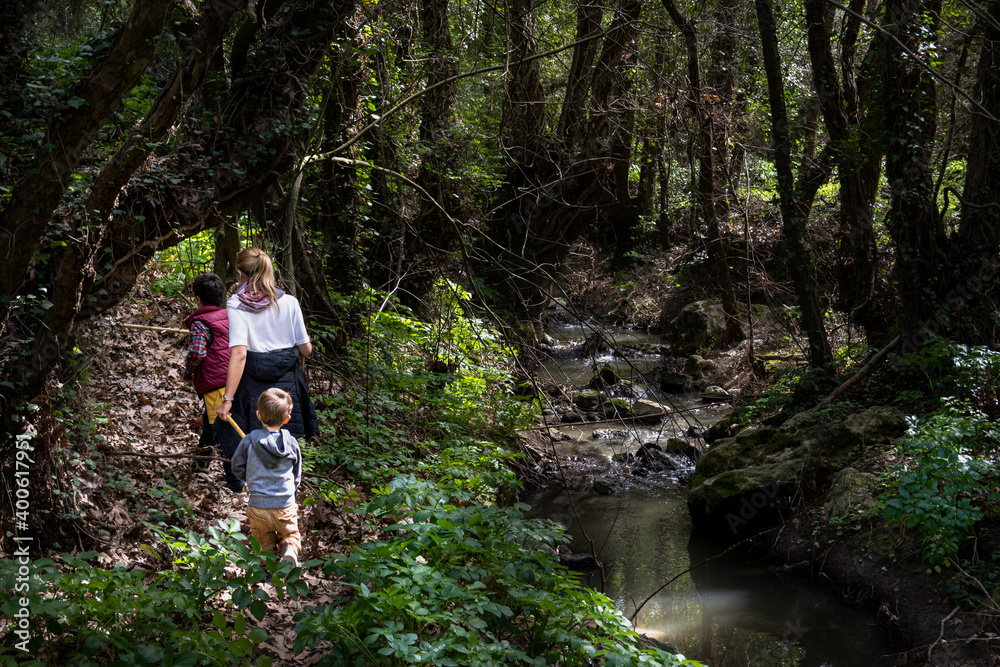 Mother with sons walking in forest Mother with sons walking in forest