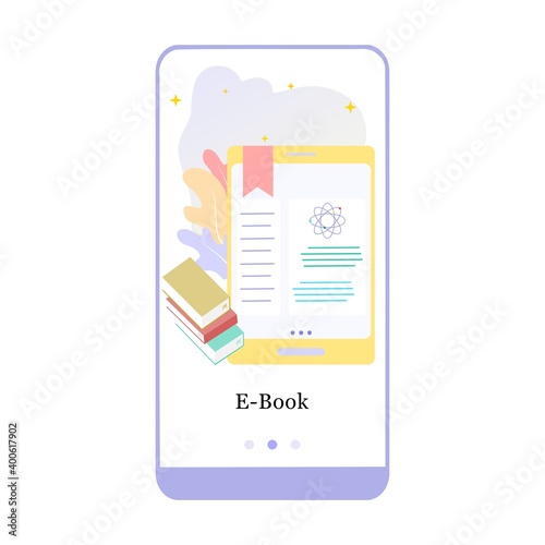 Online library, e-book, online literature, encyclopedia, online bookstore mobile app onboarding screen. Menu vector banner template for interface UX, UI GUI screen mobile development illustration.