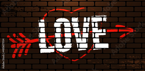 love and heart with an arrow. White lettering Love and red heart with an arrow on a brick wall. Love confession concept. Vector, illustration