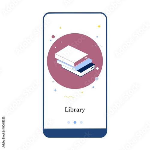 Online library, e-book, online literature, encyclopedia, online bookstore mobile app onboarding screen. Menu vector banner template for interface UX, UI GUI screen mobile development illustration.