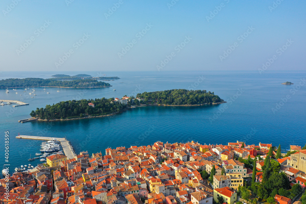 Aerial view of the orange roofs of the old town Houses. The old town is located on a peninsula in the middle of the sea. croatia. Rovinj.