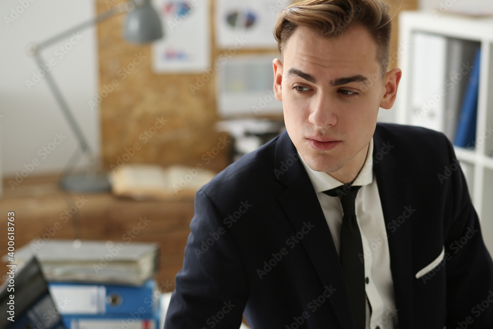 Handsome businessman portrait at workplace look in camera hands crossed. White collar worker at workspace, exchange market, job offer, certified public accountant, internal Revenue officer concept Handsome businessman portrait at workplace look in camera hands crossed. White collar worker at workspace, exchange market, job offer, certified public accountant, internal Revenue officer concept