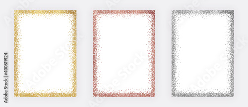 Set golden, rose gold and silver glitter confetti frames. vector illustration