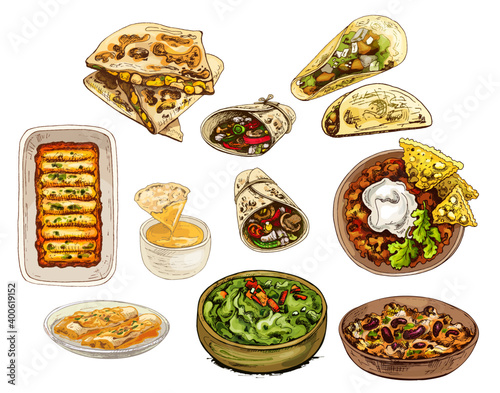 Mexican traditional food set with text message, burrito, tacos, chili, tomato, nachos.