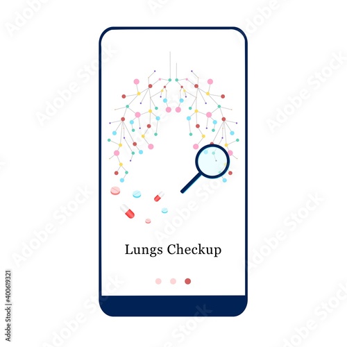 Application design for Lungs Checkup, Lungs Health Care, Pulmonology Fluorographic Examination. UI onboarding screen design. Onboard mobile app template page. Modern flat vector illustration. 