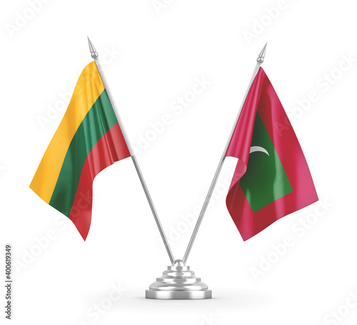 Maldives and Lithuania table flags isolated on white 3D rendering