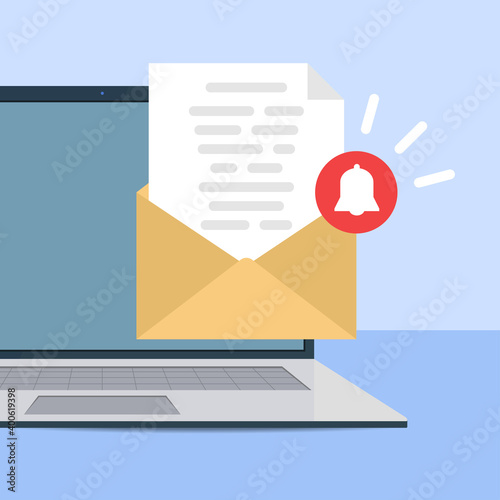 Flat alert message laptop for concept design. Mail icon, envelope icon vector. Vector illustration.