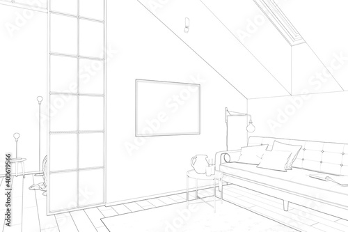 Sketch of the attic with a horizontal poster on a white wall between a sofa with a coffee table and a partition. There are a roof window and a carpet on the tiled floor in the room. 3d render