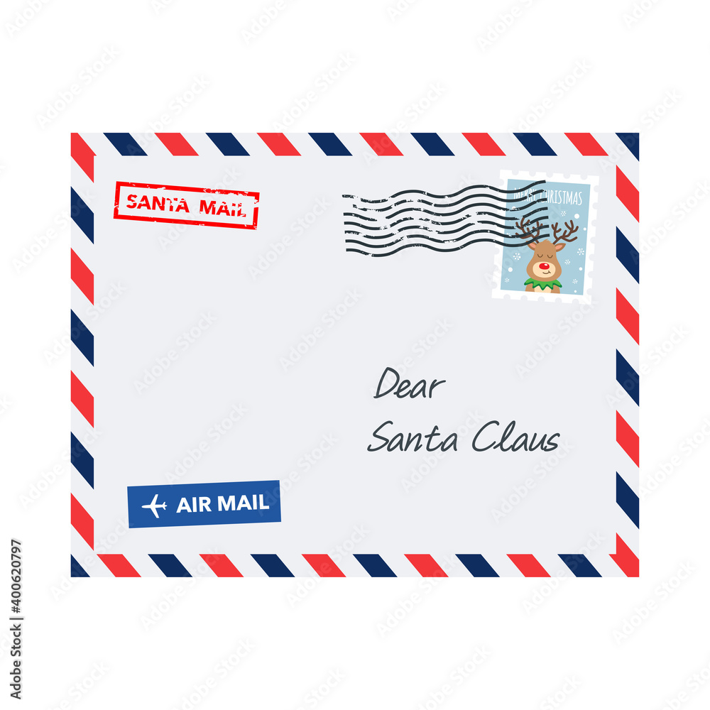 Christmas envelope with postage stamp. Dear Santa Claus Letter.