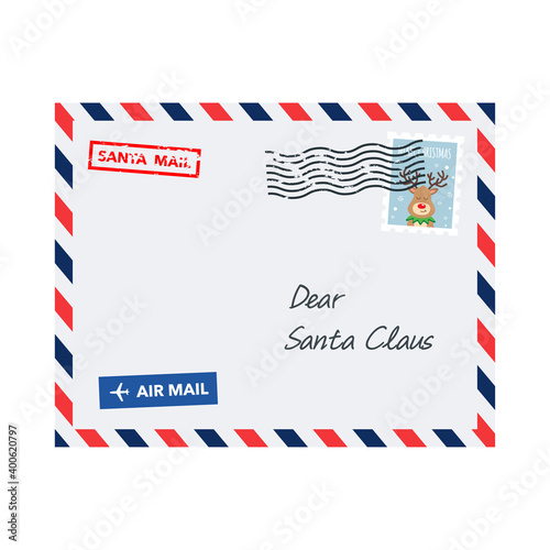Christmas envelope with postage stamp. Dear Santa Claus Letter.