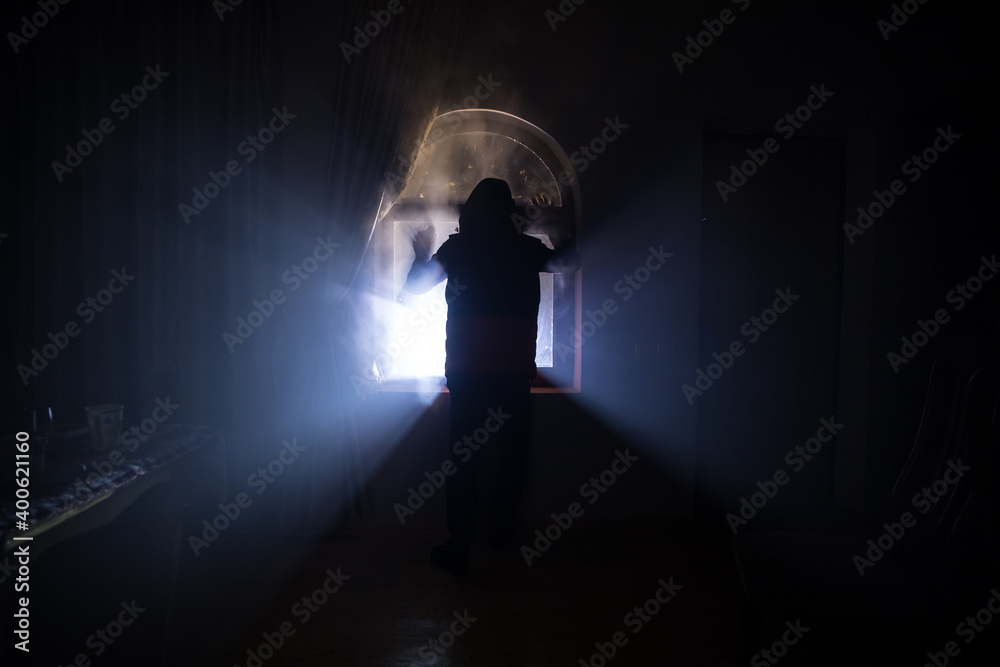 Silhouette of an unknown shadow figure on a door through a closed glass door. The silhouette of a human in front of a window at night. Silhouette of an unknown shadow figure on a door through a closed glass door. The silhouette of a human in front of a window at night.