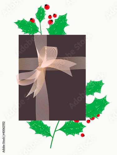 Template with decorative festive objects.
Background design with a dark gift box with a volumetric ribbon knot bow, holly branches with berries. Merry Christmas and Happy New Year.