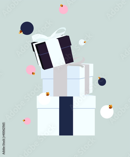 Template with decorative festive objects.
Gray background design with festive boxes stacked on top of each other and falling Christmas tree decorations.
Merry Christmas and Happy New Year.