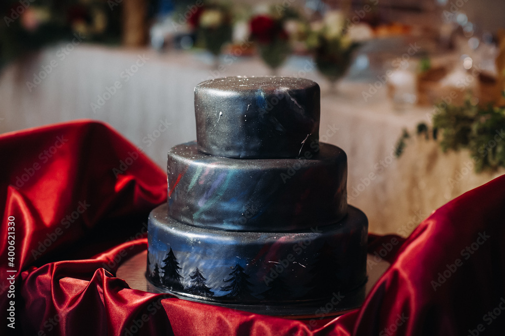 close-up of an unusual black wedding cake