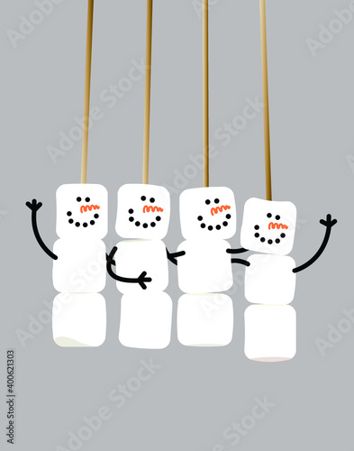Template for festive merry winter postcard, background.
Design of a cute group of marshmallows with smiles and swinging handles attached to sticks.