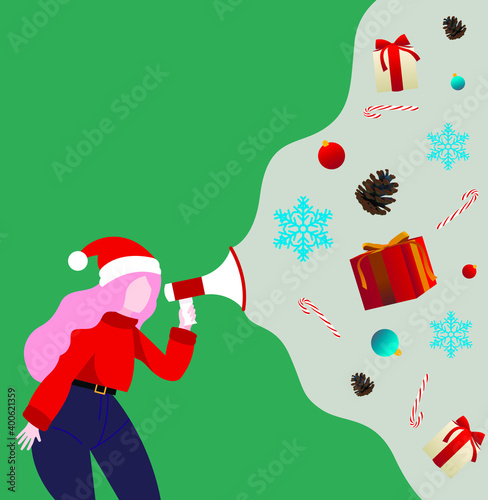 Festive merry winter illustration template.
The design of a girl with holiday intentions shouts into the speaker that she needs to get ready for Christmas and New Year. Christmas toys and decor.