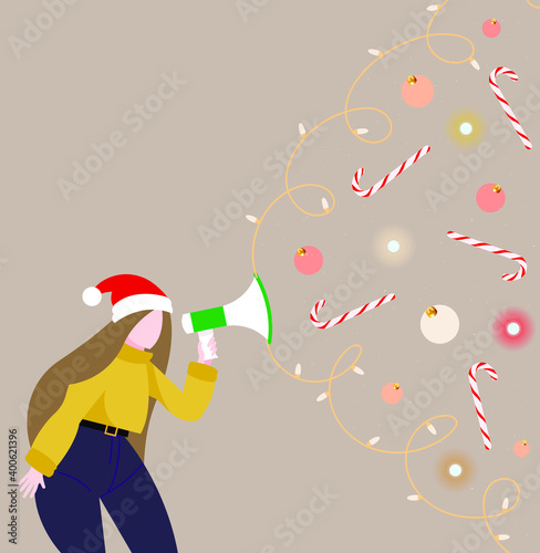 Festive merry winter illustration template.
The design of a girl with holiday intentions shouts into the speaker that she needs to get ready for Christmas and New Year.