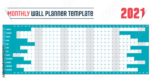 Yearly Wall Calendar Planner Template for Year 2021. Vector Design Print Template. Week Starts Monday. Stock vector illustration isolated on white background.