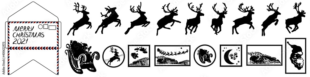 Obraz premium Santa Claus sleigh with reindeer. Santa delivering gifts and presents. Christmas postal stamps. Vector Illustration