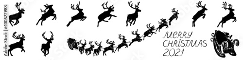 Santa Claus sleigh with reindeer. Santa delivering gifts and presents. Vector Illustration