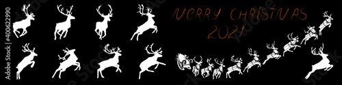 Santa Claus sleigh with reindeer. Santa delivering gifts and presents. Vector Illustration