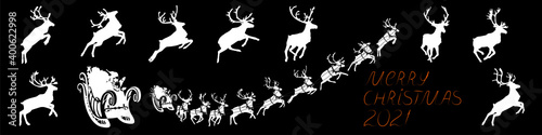 Santa Claus sleigh with reindeer. Santa delivering gifts and presents. Vector Illustration