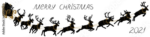 Santa Claus sleigh with reindeer. Santa delivering gifts and presents. Vector Illustration