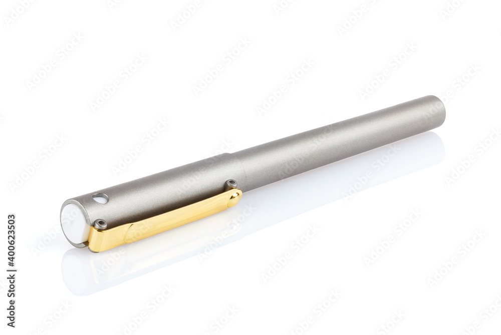 Side view of a grey ballpoint pen, isolated on a white background. Close-up. Full depth of field. Side view of a grey ballpoint pen, isolated on a white background. Close-up. Full depth of field.