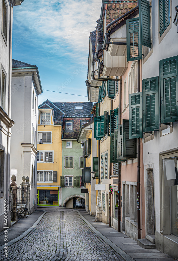 Old cobblestone street in the downtown of the city Solothurn