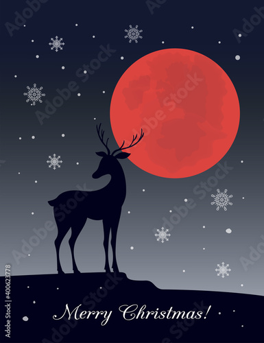 Merry Christmas card with black deer silhouette, red moon and snowflakes