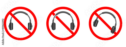Headphones are forbidden. Stop headphones icon set. No headphones sign