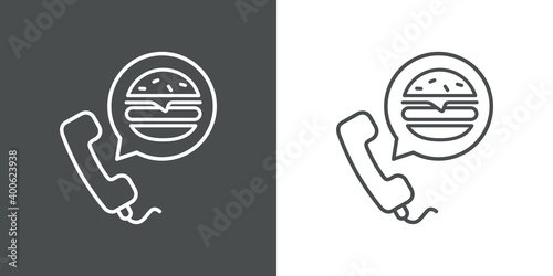 Concepto reparto de comida a domicilio. Icono auricular de teléfono con hamburguesa en burbuja de habla con lineas en fondo gris y fondo blanco