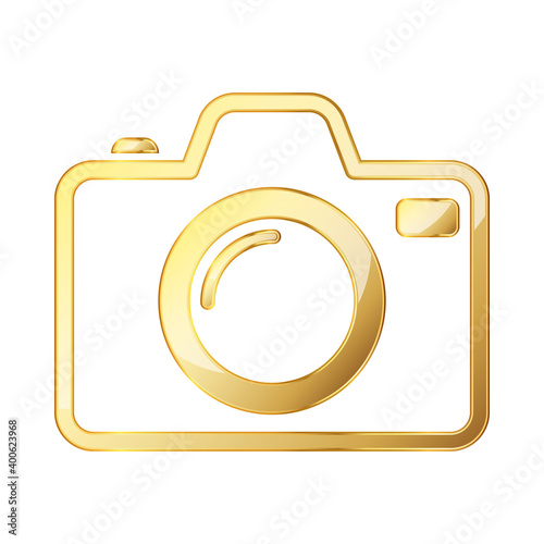 Photo camera icon. Gold photo camera icon isolated. Vector illustration.