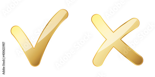 Check and cross icon. Gold approved and reject symbols