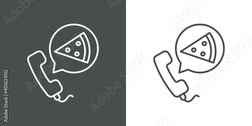 Concepto reparto de comida a domicilio. Icono auricular de teléfono con pizza en burbuja de habla con lineas en fondo gris y fondo blanco