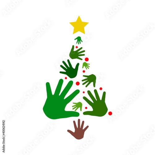 Logotipo árbol de navidad formado por manos, círculos y estrella en varios colores