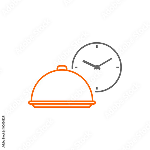 Servicio entrega de comida a domicilio. Logotipo con bandeja de comida con reloj simple con lineas en gris y naranja