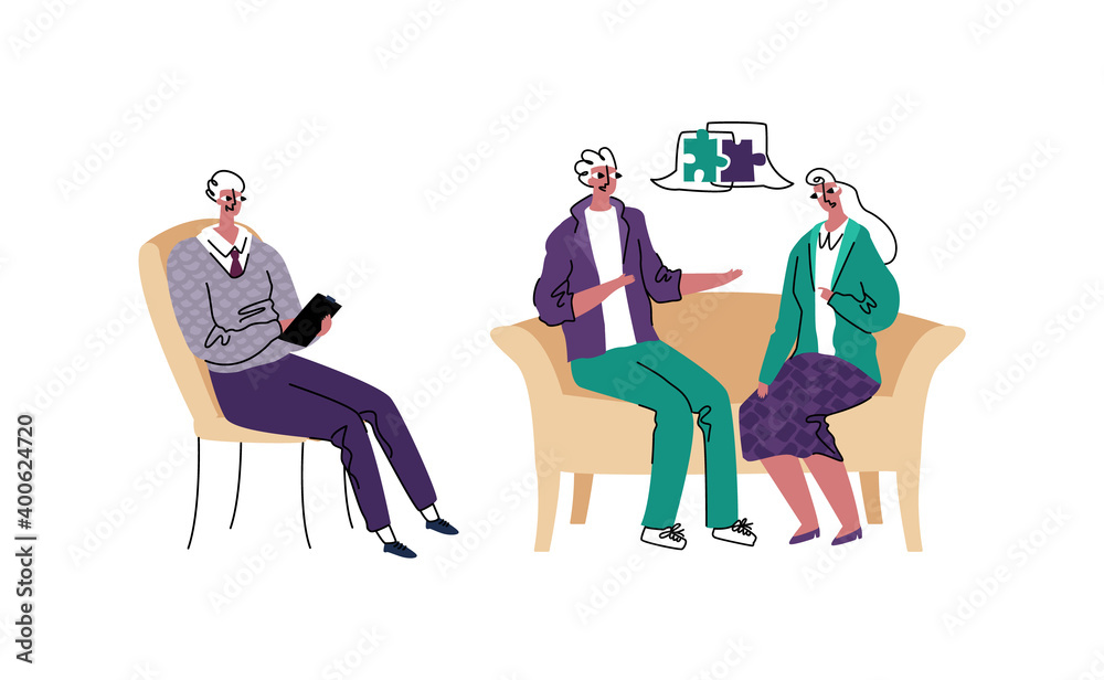 Vector illustration with reception psychotherapy for married couple who are in period of conflicts and problems. Patients come to an agreement.