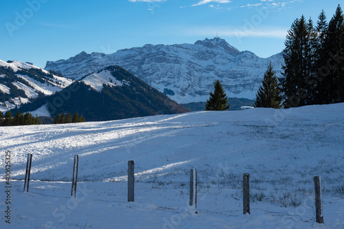 View from a snow coveread meadow to Saentis, a mountain in Switzerland