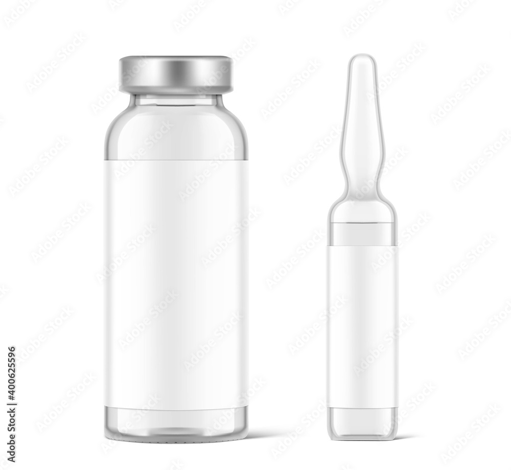 Transparent glass ampule and bottle for vaccine injections mockup. Vector illustration isolated on white background. Can be use for medicine, cosmetic and other. Ready for your design. EPS10. Transparent glass ampule and bottle for vaccine injections mockup. Vector illustration isolated on white background. Can be use for medicine, cosmetic and other. Ready for your design. EPS10.