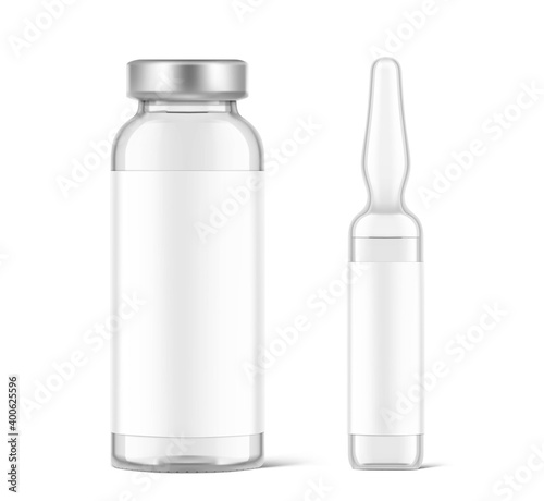Transparent glass ampule and bottle for vaccine injections mockup. Vector illustration isolated on white background. Can be use for medicine, cosmetic and other. Ready for your design. EPS10.	