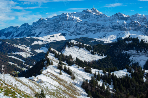 View over the hills of Appenzell to Saentis, a famous Swiss mountain