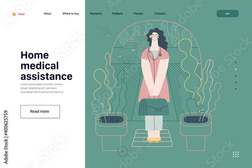 Medical insurance template -home medical assistance -modern flat vector concept digital illustration -nurse standing at the private residence entrance door Home medical service, part of insurance plan