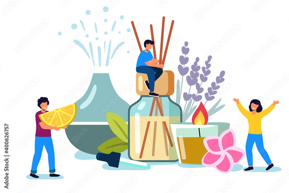 Decorative ultrasonic home diffuser and lavender flowers for meditation and freshness at home and aromatherapy Concept of a home spa and wellness space with tiny people flat vector illustration Decorative ultrasonic home diffuser and lavender flowers for meditation and freshness at home and aromatherapy Concept of a home spa and wellness space with tiny people flat vector illustration