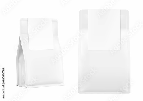 Quad seal bag with label mockup. Front and perspective view with. Vector illustration. Best solution for presentation your coffee, food and etc. EPS10.