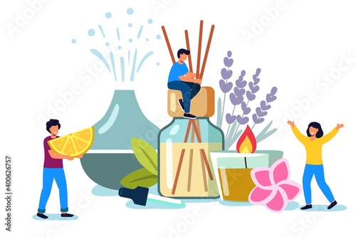 Decorative ultrasonic home diffuser and lavender flowers for meditation and freshness at home and aromatherapy Concept of a home spa and wellness space with tiny people flat vector illustration