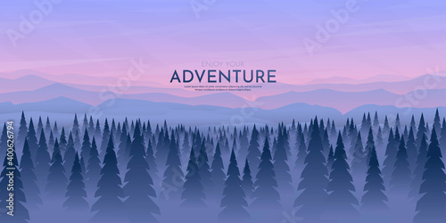 Vector illustration. Geometric template for website or game. Polygonal and triangle shapes. Misty forest. Evening sunset scene. Blue gradient color. Mountain ridge. Hills. Flat cartoon concept