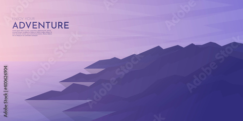 Vector illustration. Minimalist concept. Rocks near water. Mountain ridge. Sea sunset scene.  Beautiful clear sky. Polygonal style. Website or game template 