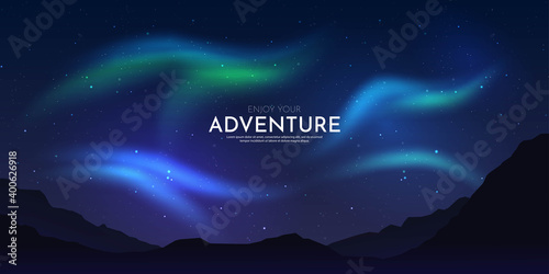 Abstract vector illustration. Minimalistic concept. Night sky with aurora borealis. Realistic landscape. Dark wallpapers. Template for website. Dark background with lights. Mountain silhouette