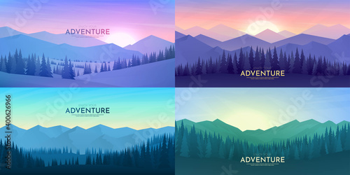 Vector abstract background set. Minimalist style. Flat concept. 4 landscapes collection. Mountain view, forest trees. Geometric polygonal design. Website template. Gradient color. Sunset scene. Nature